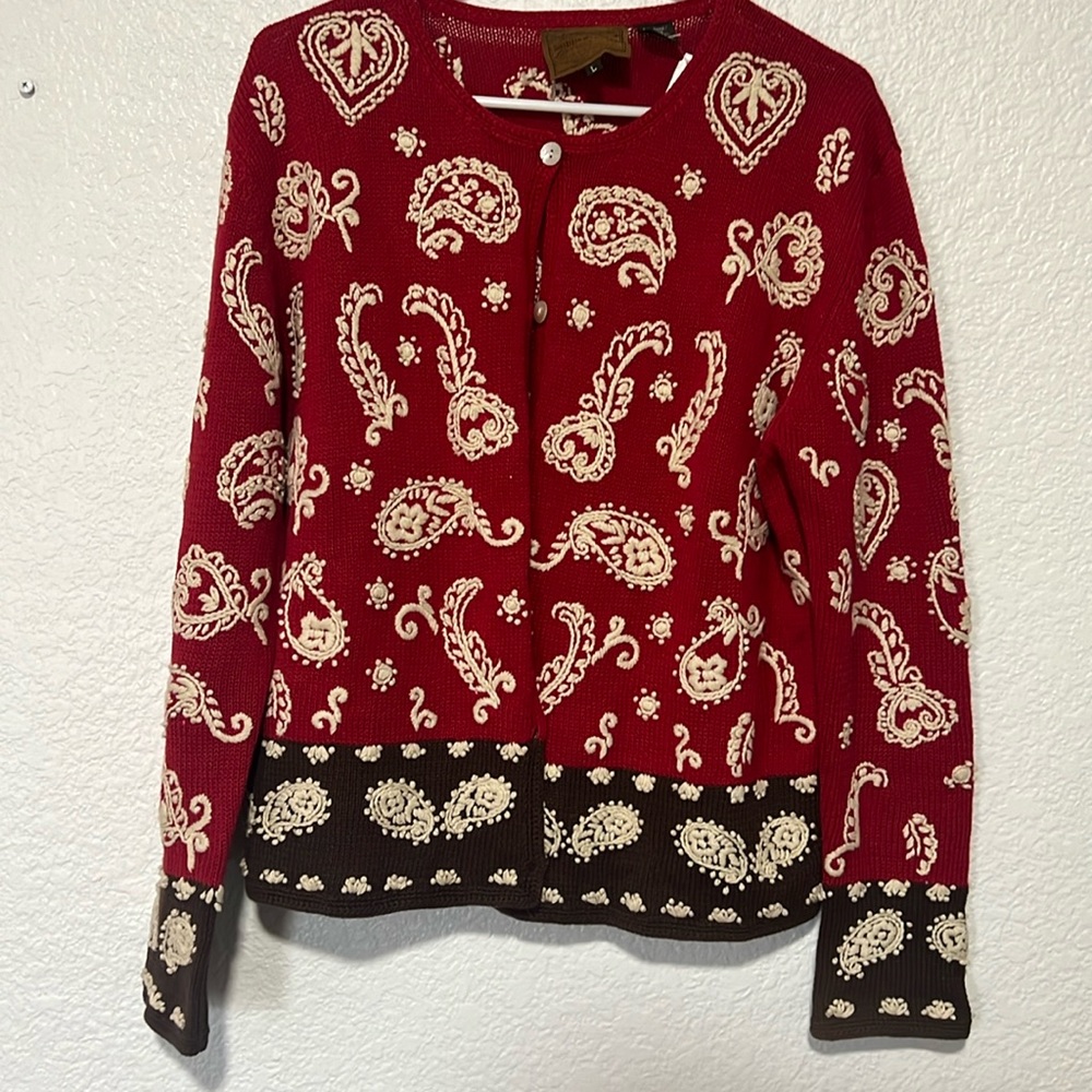 Saddle ridge souther embroidered paisley red brown cardigan, size L